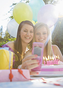 少女,生日派对,自拍,手机