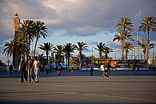 的黎波里,利比亚,人,走,绿色,大广场,城市,满,棕榈树,远眺,地中海