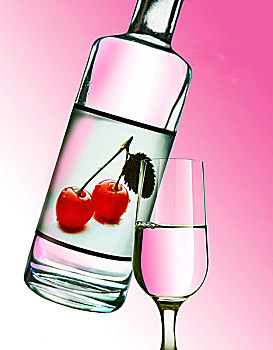 樱桃,酒,瓶子,玻璃杯