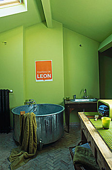 圆,浴缸,站立,鲜明,绿色,浴室