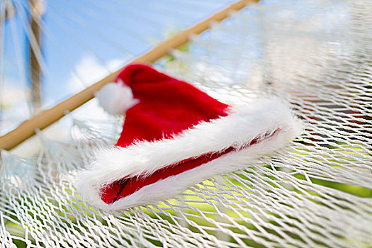 度假,圣诞节,假日,概念,照相,吊床,圣诞老人,帽子