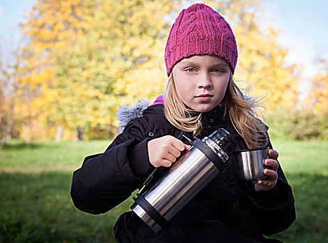 小,美女,金发,女孩,茶,热水瓶,秋天,公园