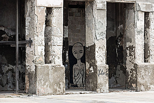 古巴,哈瓦那,马雷贡,建筑,荒废,街头艺术