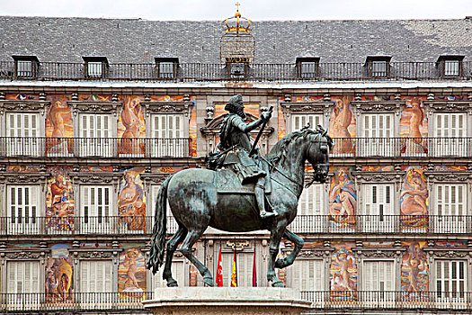 历史,城镇广场,马约尔广场,骑马雕像,博洛尼亚,正面,马德里,西班牙,欧洲