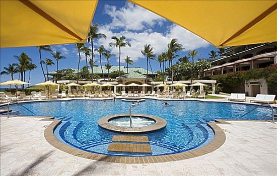 夏威夷,曼内雷,湾,海滩,酒店,水池,游泳,伞,休闲椅