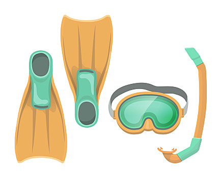 彩色,矢量,插画,潜水面具,通气管,脚蹼,白色背景,背景,游泳装备