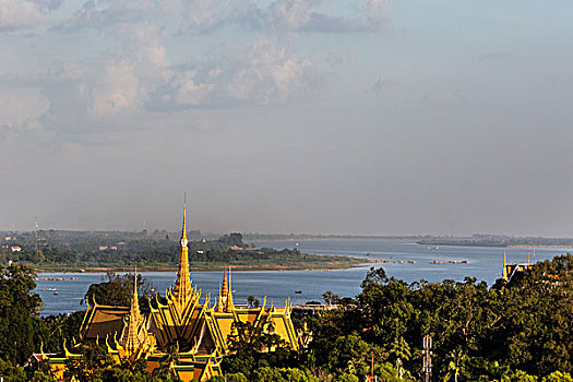 风景,皇宫,树液,河,湄公河,城市,金边,柬埔寨,亚洲