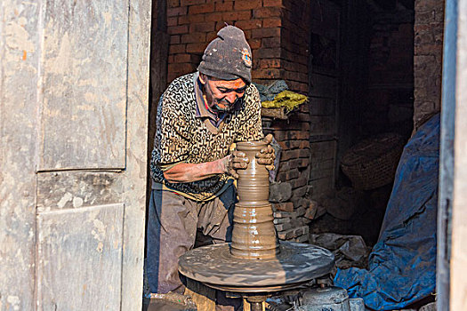 巴克塔普尔,加德满都,区域,尼泊尔,老人,粘土,车床
