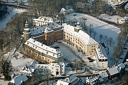航拍,城堡,雪,冬天,有害的,berleburg,北莱茵威斯特伐利亚,德国,欧洲