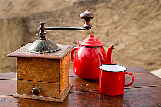复古,老,咖啡研磨机,旧式,红色,茶壶