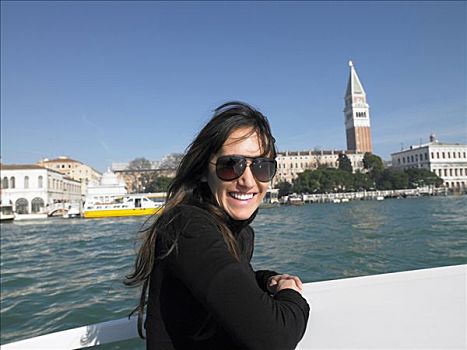 女人,船,看镜头,威尼斯,意大利