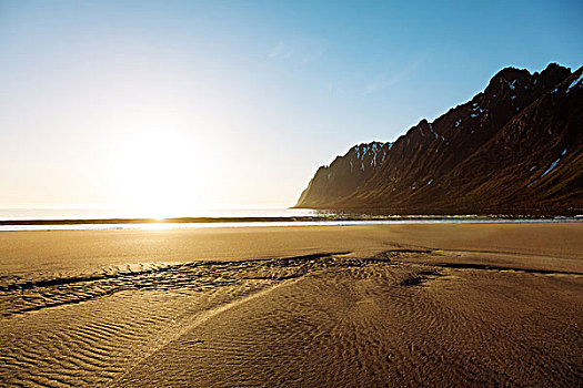 建筑,沙子,海滩,日落,特罗姆斯,挪威,欧洲