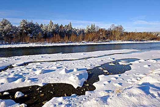 伊萨河,冬天,雪,砾石,堤岸,自然保护区,上巴伐利亚,巴伐利亚,德国