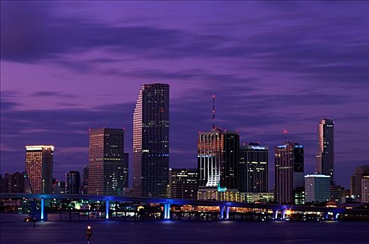 城市天际线,码头,夜景,迈阿密,佛罗里达,美国