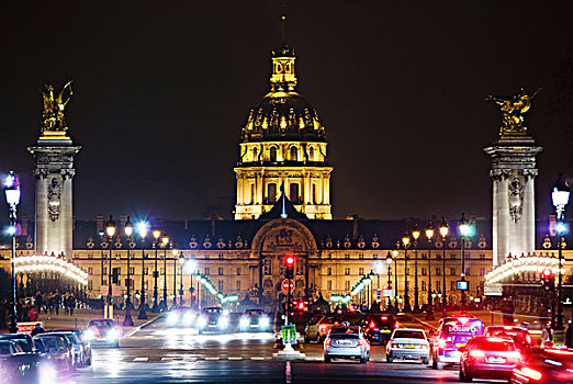 夜景,亚历山大,桥,大教堂,巴黎,法国,欧洲