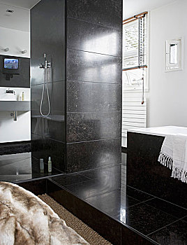 设计师,浴室,柱子,淋浴头,水龙头,浴缸,灰色,石头,砖瓦
