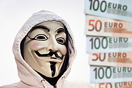 男人,戴着,面具,移动,旁侧,欧元,货币,抗议,银行