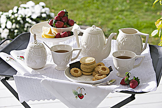 传统,下午茶,室外,花园,白色,瓷器,草莓