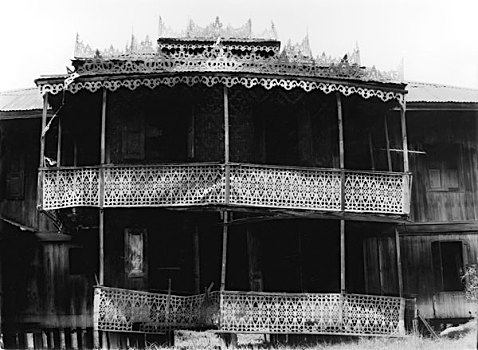 老,房子,错综复杂,露台,特写,锡,木头,建筑,茵莱湖,缅甸,2008年