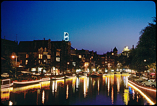 光亮,船屋,运河,夜晚,阿姆斯特丹,荷兰,历史