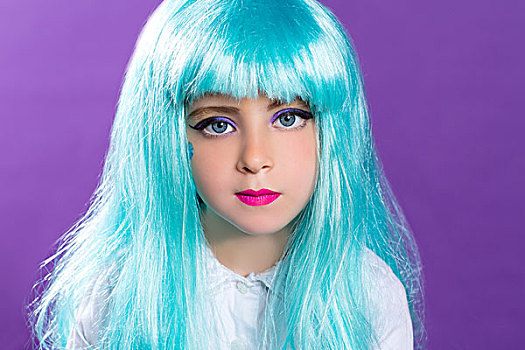 孩子,女孩,蓝绿色,假长发,紫色