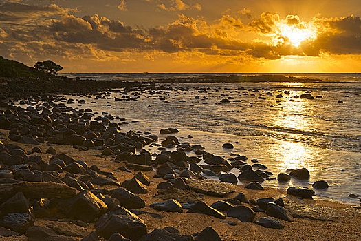 石头,海滩,日出,考艾岛,夏威夷,美国
