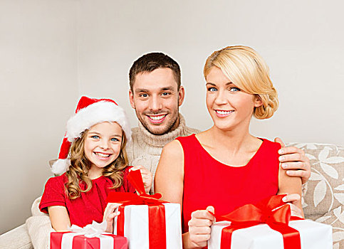 家庭,圣诞节,圣诞,高兴,人,概念,微笑,圣诞老人,帽子,许多,礼盒
