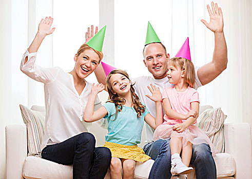 庆贺,家庭,休假,孩子,生日,概念,幸福之家,两个,帽子,挥手,在家