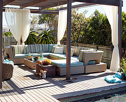 屋顶,休闲沙发,区域,户外家具,木质,平台,夏天,太阳