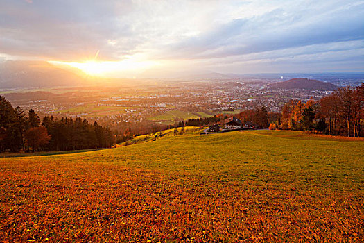 日落,高处,城市,萨尔茨堡,奥地利