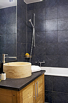 现代,浴室,石头,盆,盥洗盆,暗色,灰色,墙壁,砖瓦