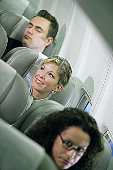 客机,小间,乘客,特写,序列,飞机,波音,女人,男人,坐,放松,等待,微笑,象征,飞行,旅游,客运,运输,交通,航空,空中交通