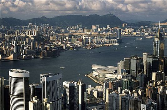 维多利亚湾,顶峰,香港,庆贺,港口,动感,城市,摩天大楼