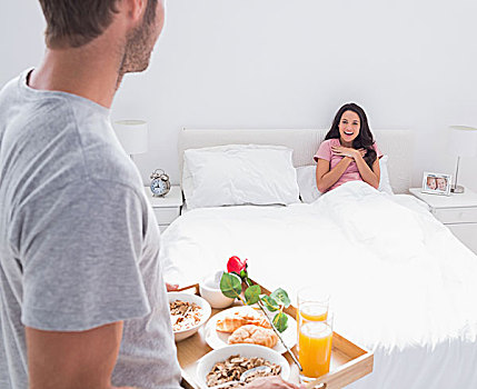 男人,早餐,印象,妻子,床上
