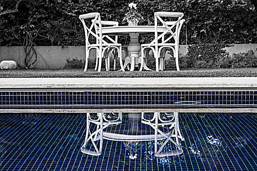 风景,游泳池,白色,椅子,圆,桌子,雕刻,反射,水中