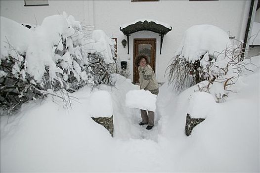 女人,铲,雪,上巴伐利亚,巴伐利亚,德国,欧洲