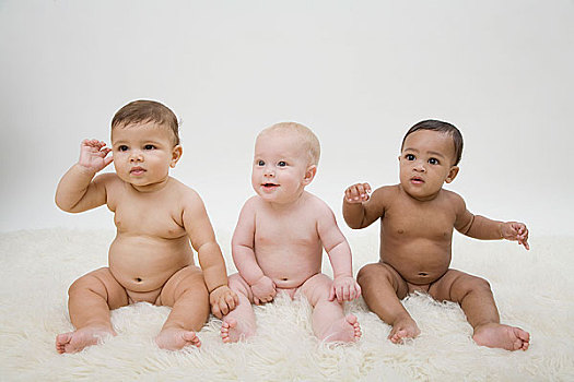 三个,裸露,婴儿,坐,排列