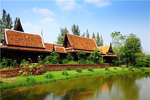 传统,泰国,房子,湖