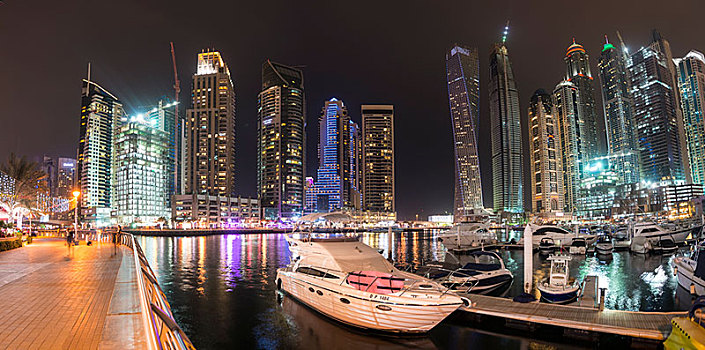 游艇,正面,摩天大楼,夜晚,照片,迪拜,码头,阿联酋,亚洲