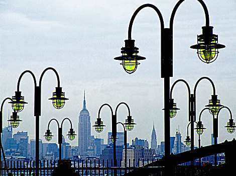 路灯,天际线,曼哈顿,纽约,帝国大厦,背景