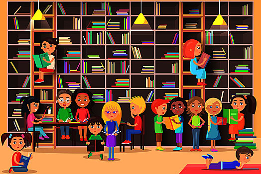 孩子,读,图书馆,矢量,插画,儿童,学习,智慧,男孩,女孩,书本,学童,教育,公用,房间,书架,朋友,文学作品