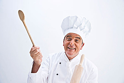 厨师,戴着,帽子,拿着,木质,勺子
