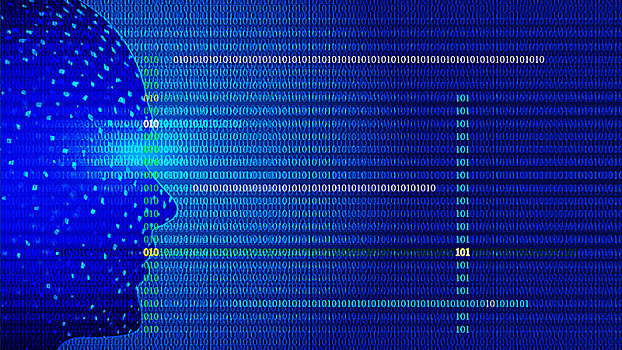 人工智能,AI,人體頭部輪廓,二進制計算機代碼背景01數字
