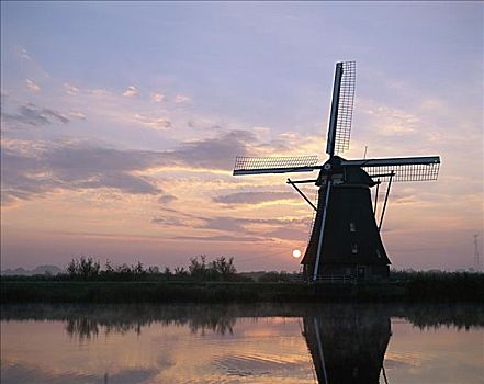 剪影,风车,日落,金德代克,荷兰