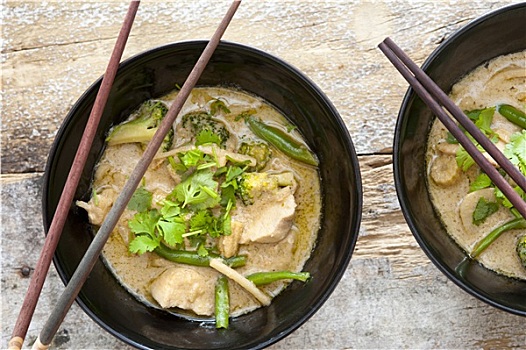 碗,泰国,绿色,咖哩,筷子