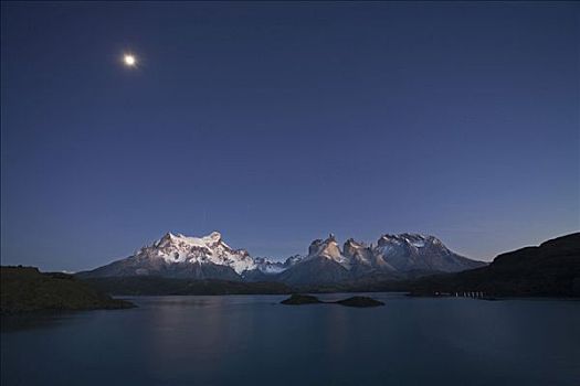黎明,月亮,山丘,湖,拉哥裴赫湖,巴塔哥尼亚,南美