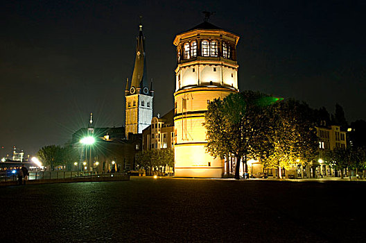 大教堂,城堡,塔,夜晚,首都,杜塞尔多夫,北莱茵威斯特伐利亚,德国,欧洲