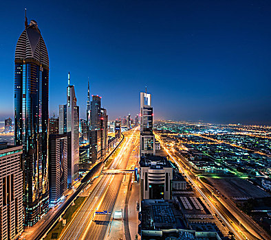 城市,迪拜,阿联酋,黄昏,摩天大楼,排列,光亮,街道