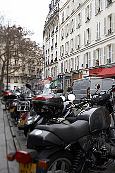 选择性重点,摩托车,停放,在排,沿,街,阴,冬季的一天,巴黎,法国