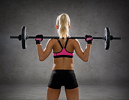 健身,运动,节食,概念,女人,练习,杠铃,背影,上方,混凝土墙,背景
